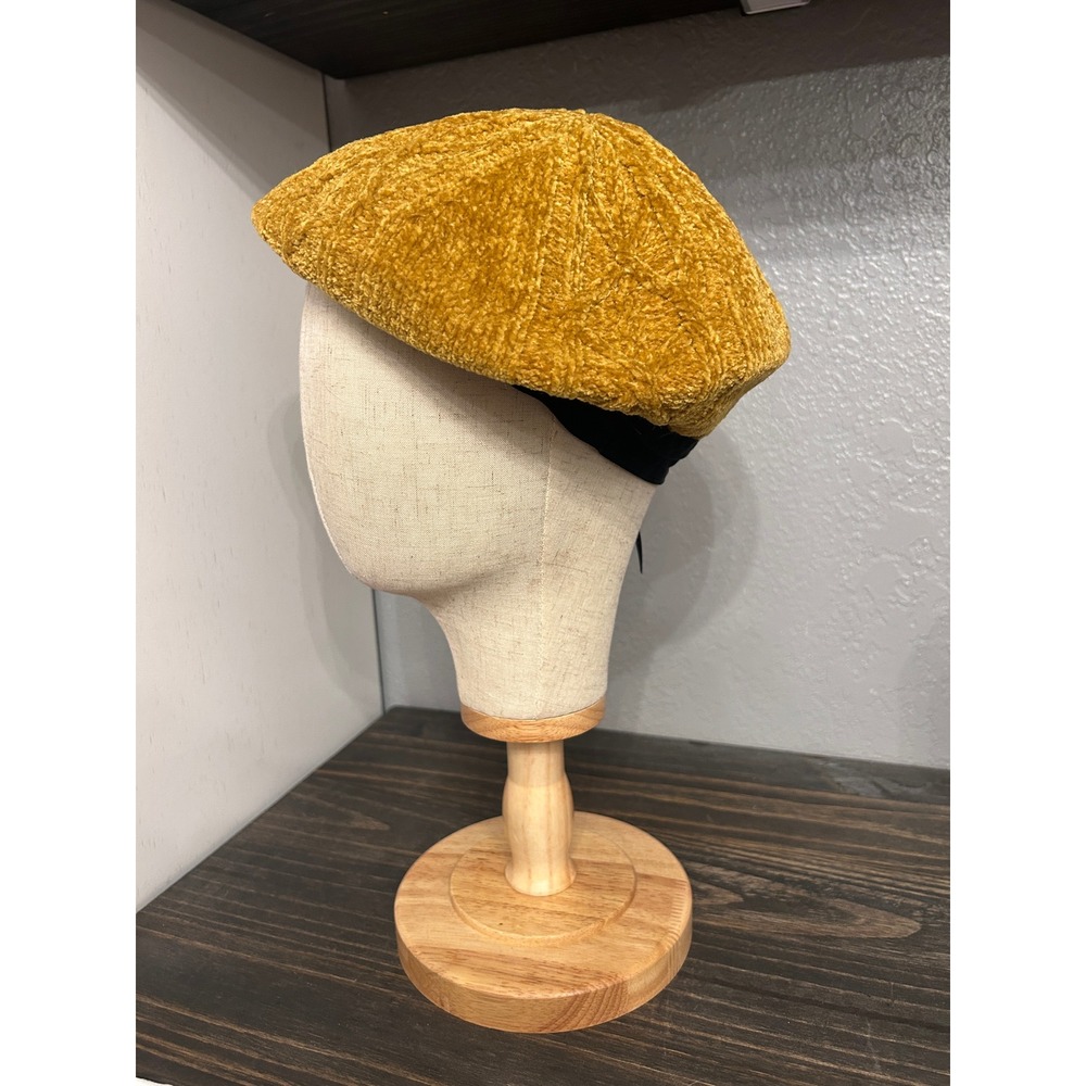 Vintage Mustard Yellow Knit Beret Hat Adjustable Fall Retro